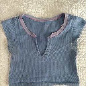 Urban Outfitters Light Blue Ribbed Crop Top with Pink Trim